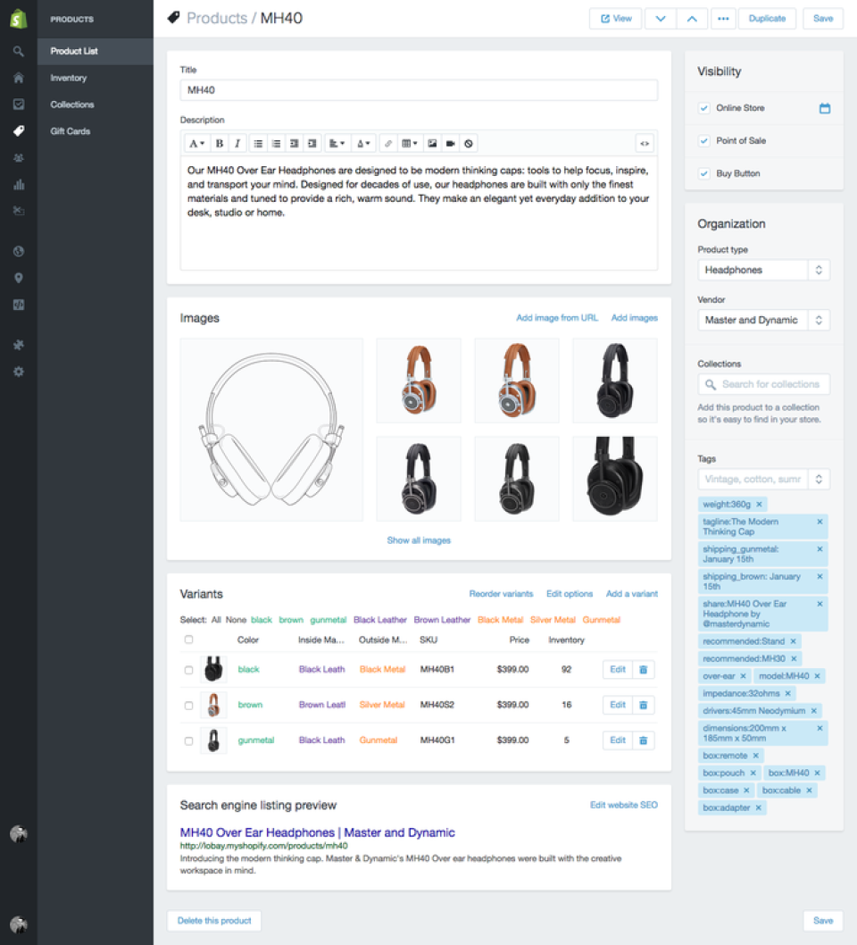 Shopify: descripción del producto