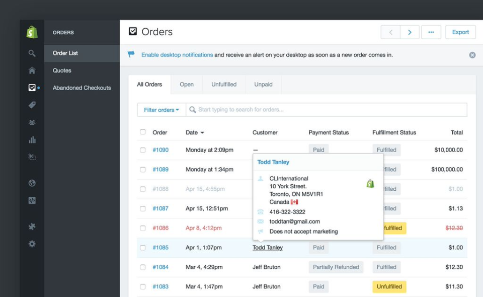 Shopify: lista de pedidos