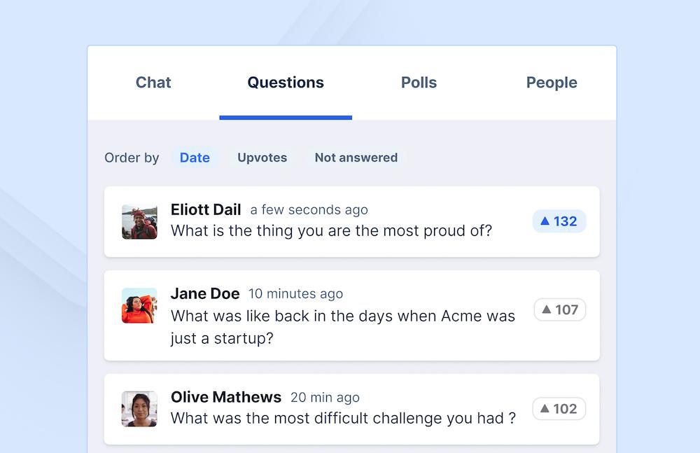 Questions, chats and polls Questions, chats and polls