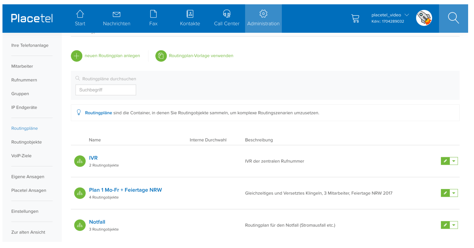 Placetel-Routingpläne