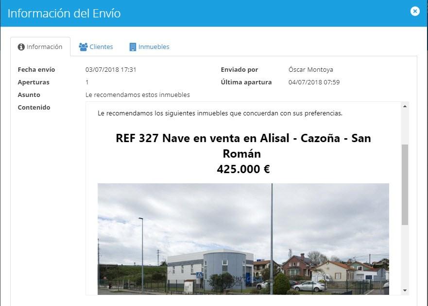 Detalle de e-mail enviado con seguimiento de aperturas y clics por cliente e inmueble Detalle de e-mail enviado con seguimiento de aperturas y clics por cliente e inmueble