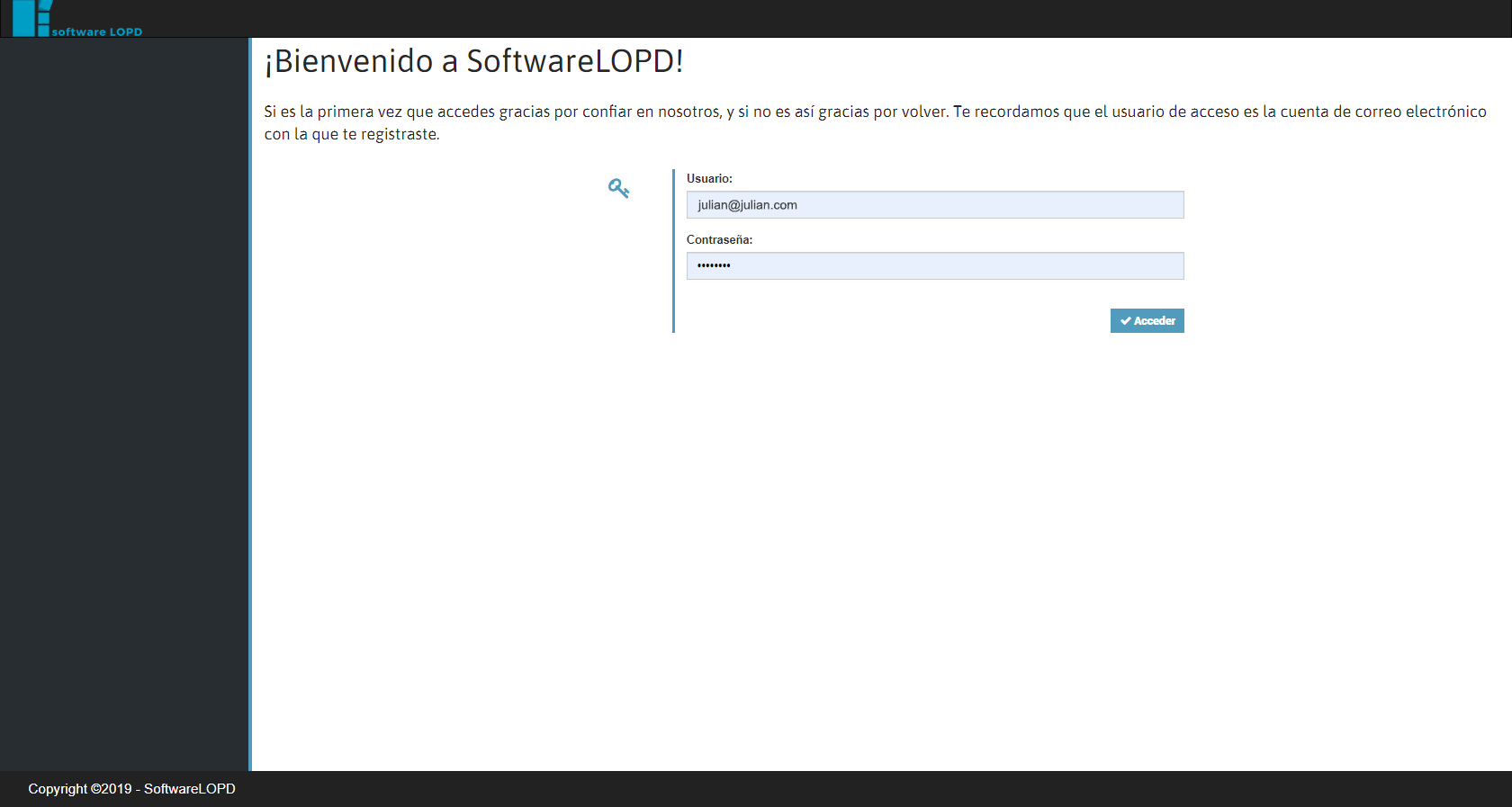 SoftwareLOPD - Pantalla de inicio de sesión SoftwareLOPD - Pantalla de inicio de sesión