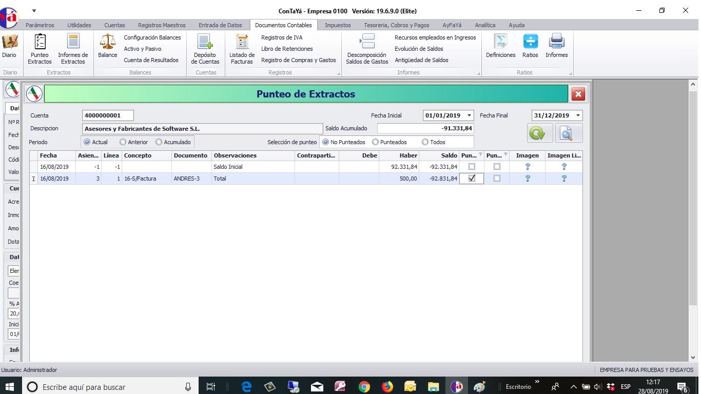 Edición y punteo manual de Extractos. También existe punteo automático, y conciliación Bancaria automática.