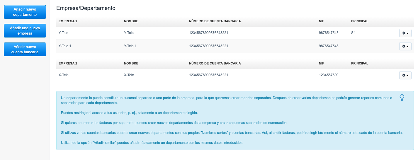 Múltiples departamentos y empresas en una cuenta
