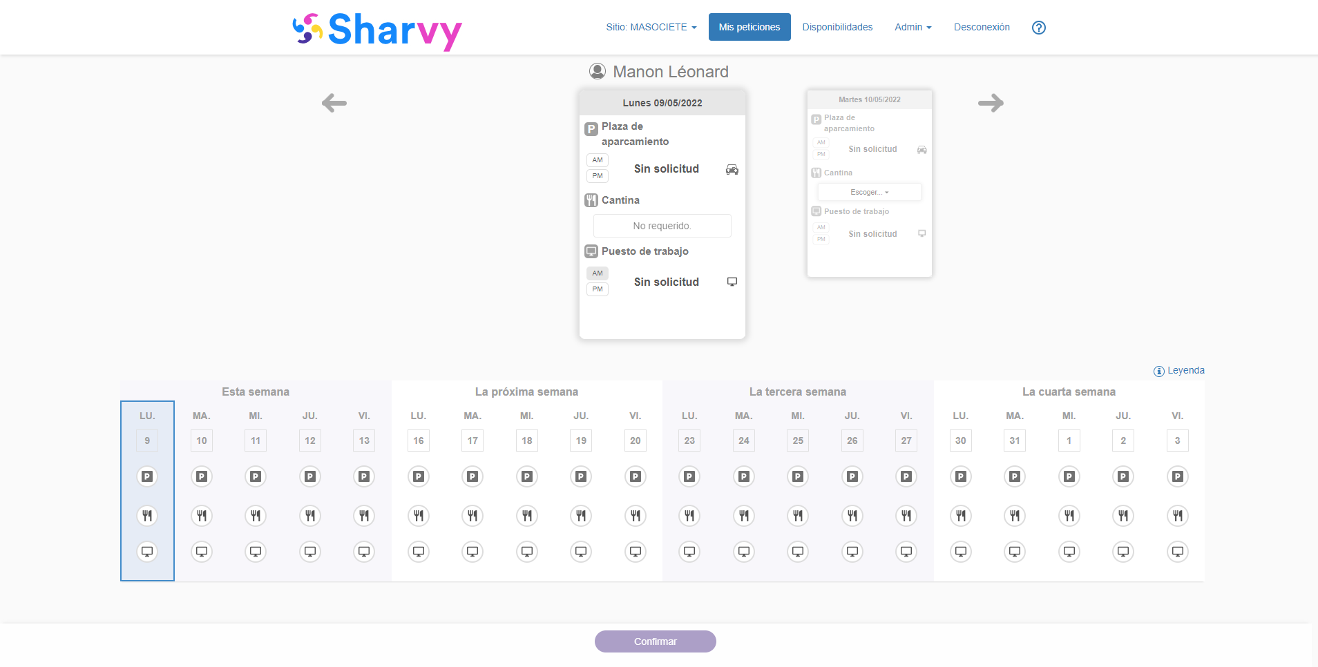 Sharvy - Calendario de reservas: no se han realizado solicitudes