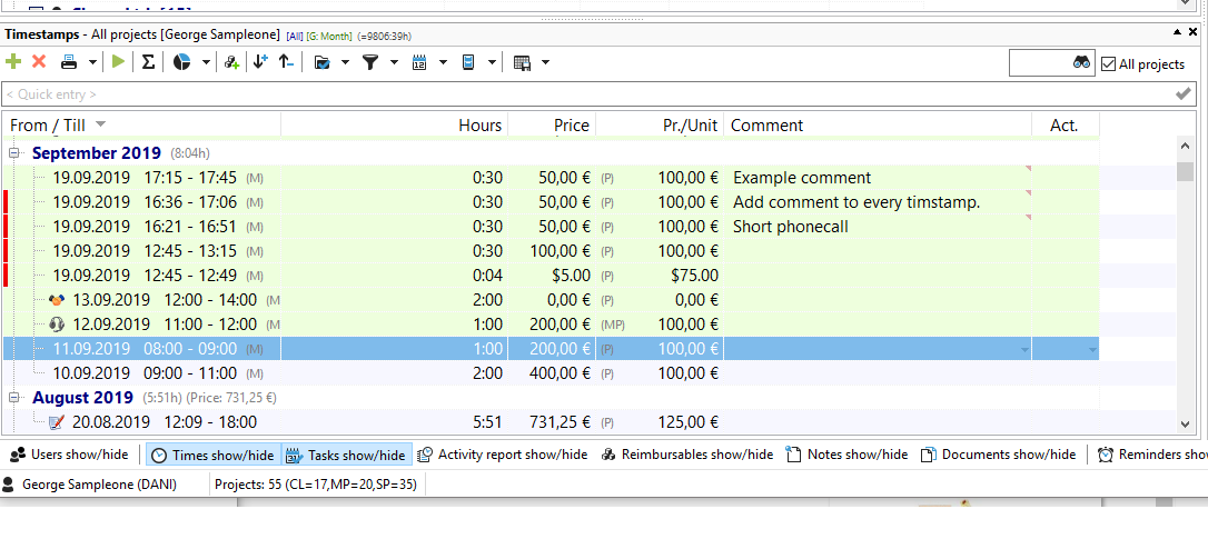 Timestamp list Timestamp list
